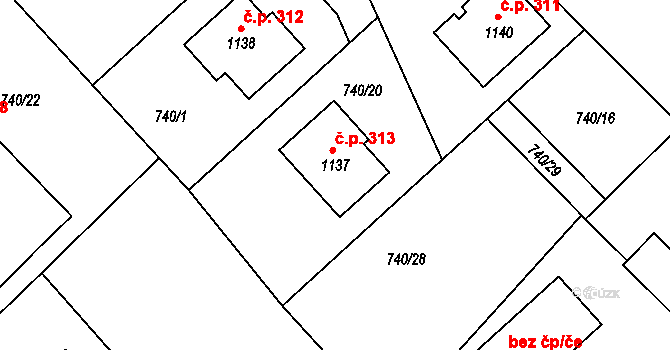 Měchenice 313 na parcele st. 1137 v KÚ Měchenice, Katastrální mapa