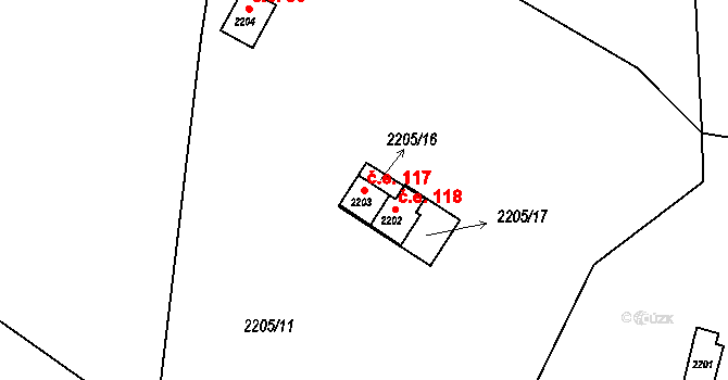 Strkov 117, Planá nad Lužnicí na parcele st. 2203 v KÚ Planá nad Lužnicí, Katastrální mapa