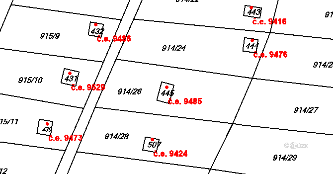 Děčín XXVII-Březiny 9485, Děčín na parcele st. 445 v KÚ Březiny u Děčína, Katastrální mapa