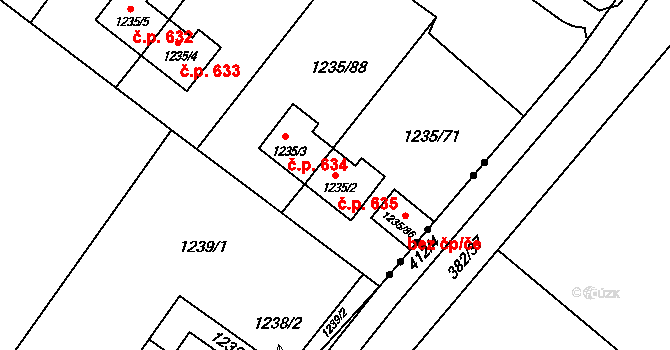 Hrušov 635, Ostrava na parcele st. 1235/2 v KÚ Hrušov, Katastrální mapa