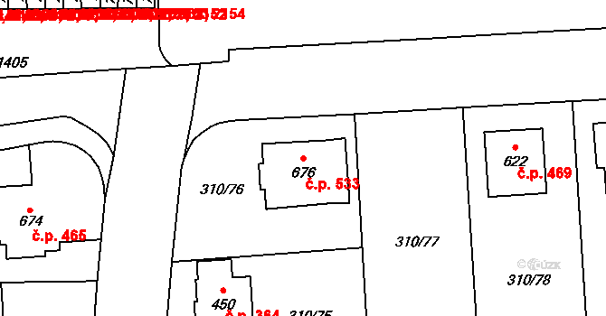 Prštné 533, Zlín na parcele st. 676 v KÚ Prštné, Katastrální mapa