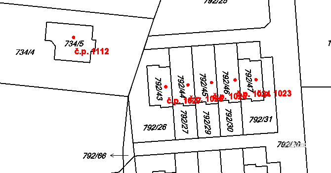 Vejprnice 1027 na parcele st. 792/43 v KÚ Vejprnice, Katastrální mapa