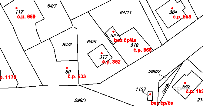 Rudná 852 na parcele st. 317 v KÚ Hořelice, Katastrální mapa