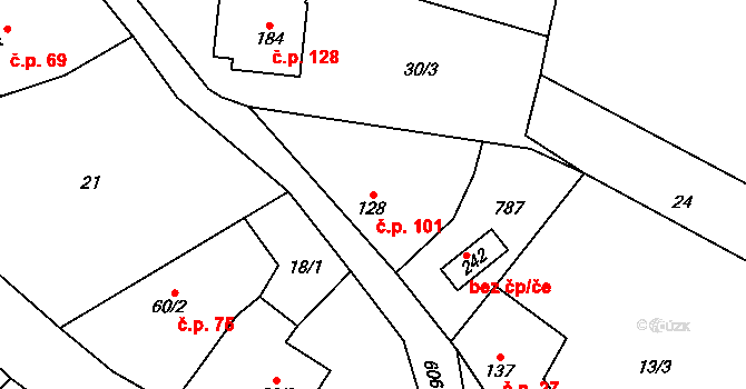 Tuchoměřice 101 na parcele st. 128 v KÚ Tuchoměřice, Katastrální mapa