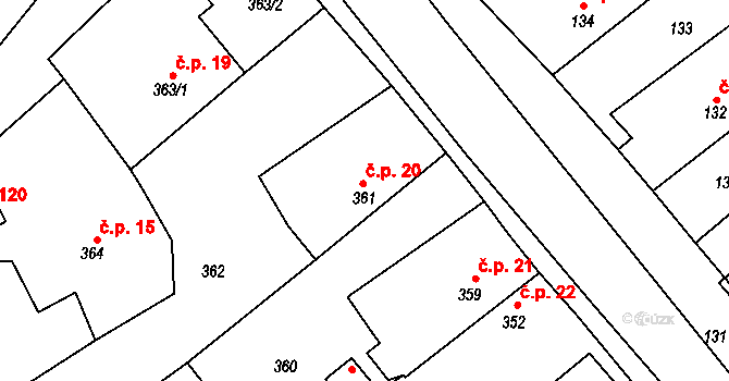 Bušovice 20 na parcele st. 361 v KÚ Bušovice, Katastrální mapa