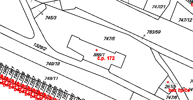 Latrán 172, Český Krumlov na parcele st. 886/1 v KÚ Český Krumlov, Katastrální mapa