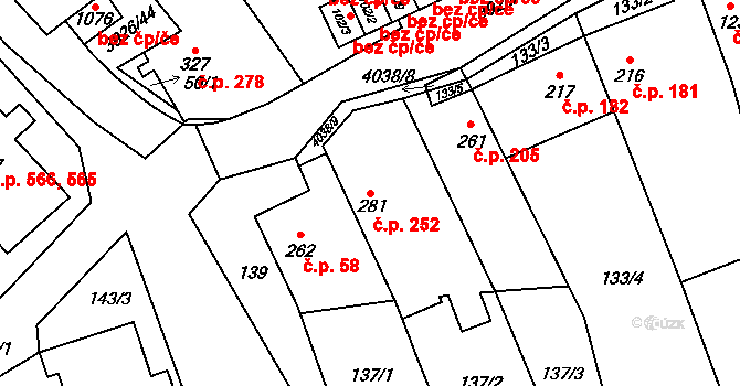 Kryry 252 na parcele st. 281 v KÚ Kryry, Katastrální mapa