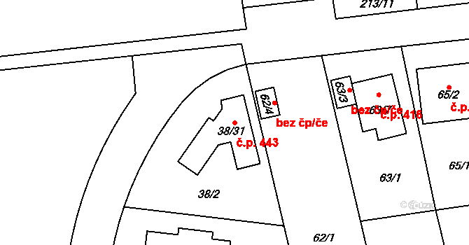 Hradiště 443, Plzeň na parcele st. 38/31 v KÚ Hradiště u Plzně, Katastrální mapa
