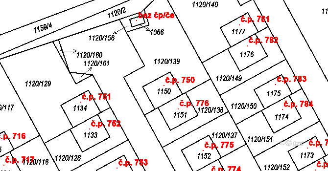 Kudlov 750, Zlín na parcele st. 1150 v KÚ Kudlov, Katastrální mapa