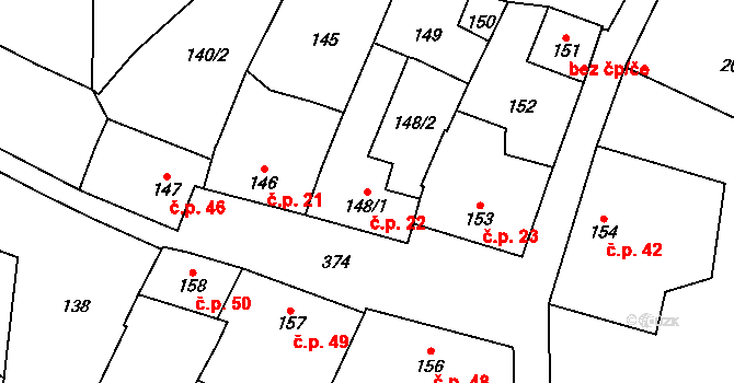 Lutotín 22, Bílovice-Lutotín na parcele st. 148/1 v KÚ Lutotín, Katastrální mapa