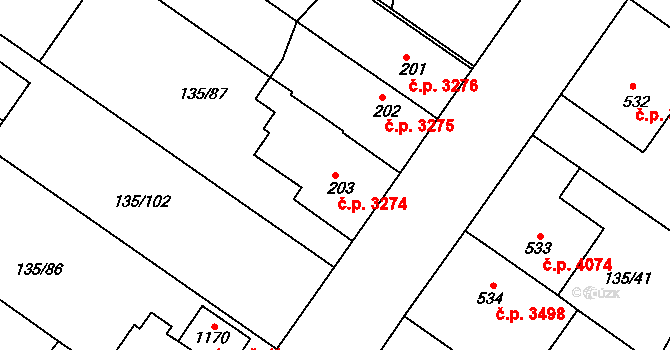 Jihlava 3274 na parcele st. 203 v KÚ Bedřichov u Jihlavy, Katastrální mapa