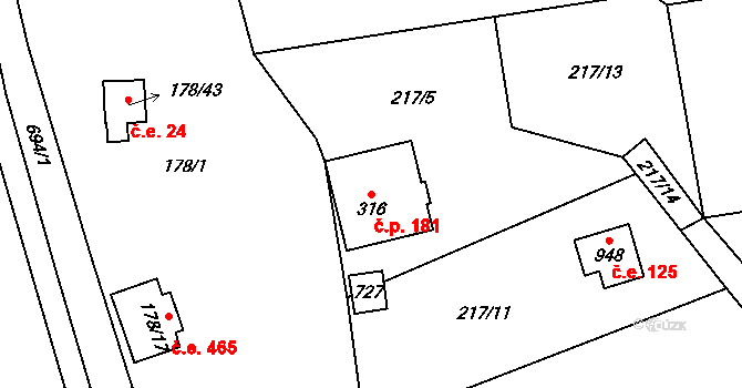 Kamenný Přívoz 181 na parcele st. 316 v KÚ Kamenný Přívoz, Katastrální mapa