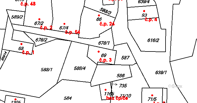 Kamenný Újezdec 3, Kamenný Přívoz na parcele st. 69 v KÚ Kamenný Přívoz, Katastrální mapa