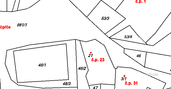 Dražetice 23, Borotice na parcele st. 21 v KÚ Dražetice II, Katastrální mapa