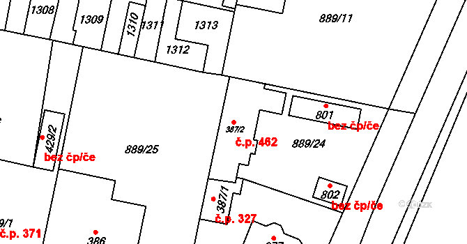 Cerhenice 462 na parcele st. 387/2 v KÚ Cerhenice, Katastrální mapa