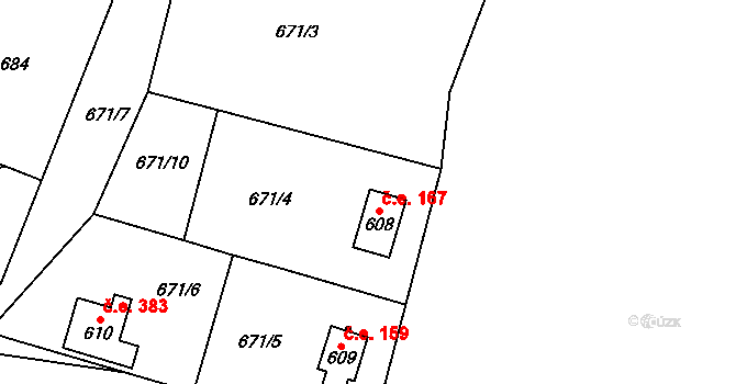 Hrusice 167 na parcele st. 608 v KÚ Hrusice, Katastrální mapa