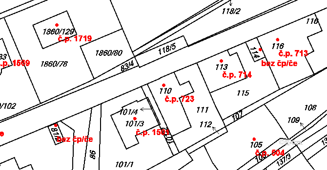 Švermov 723, Kladno na parcele st. 110 v KÚ Motyčín, Katastrální mapa