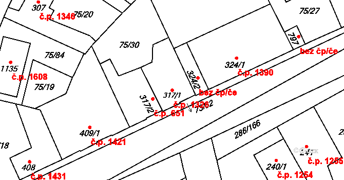 Švermov 1326, Kladno na parcele st. 317/1 v KÚ Hnidousy, Katastrální mapa