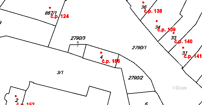 Dačice I 156, Dačice na parcele st. 4 v KÚ Dačice, Katastrální mapa