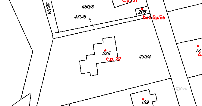 Drahlovice 37, Skuhrov na parcele st. 225 v KÚ Skuhrov pod Brdy, Katastrální mapa