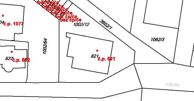 Rožnov pod Radhoštěm 591 na parcele st. 821 v KÚ Rožnov pod Radhoštěm, Katastrální mapa