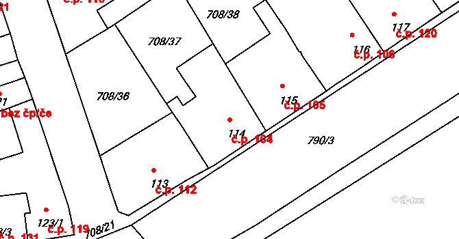 Vršovice 104 na parcele st. 114 v KÚ Vršovice u Loun, Katastrální mapa