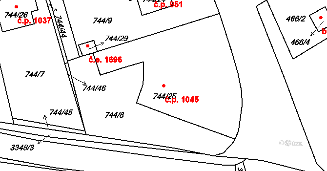 Pelhřimov 1045 na parcele st. 744/25 v KÚ Pelhřimov, Katastrální mapa