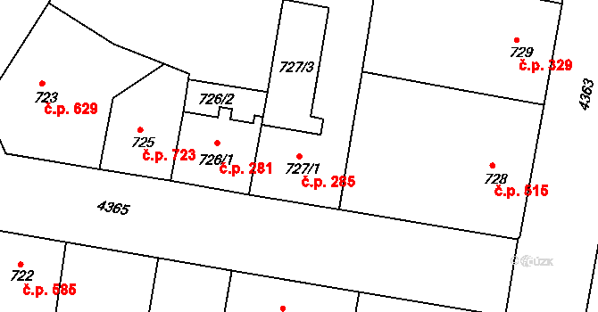 Žižkov 285, Praha na parcele st. 727/1 v KÚ Žižkov, Katastrální mapa