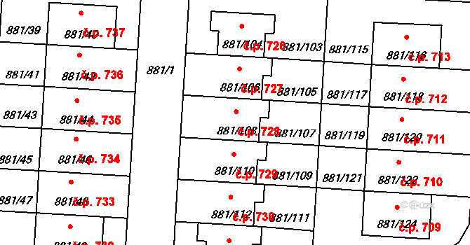 Čimice 728, Praha na parcele st. 881/108 v KÚ Čimice, Katastrální mapa