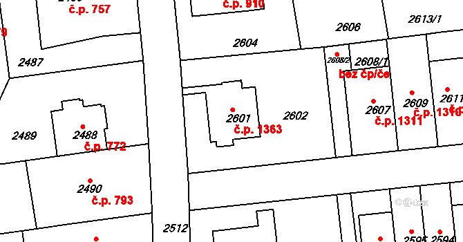 Strašnice 1363, Praha na parcele st. 2601 v KÚ Strašnice, Katastrální mapa