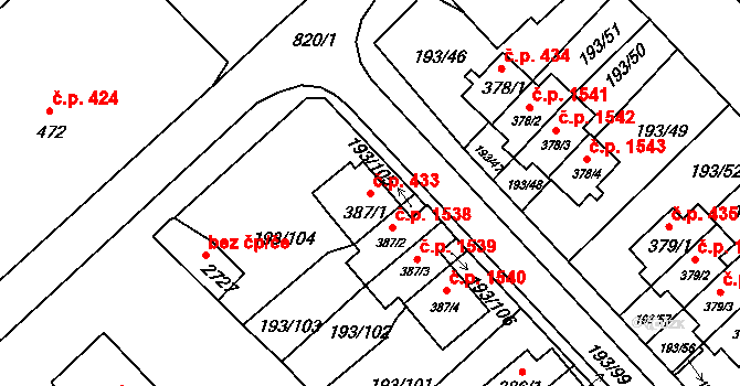 Sezimovo Ústí 433 na parcele st. 387/1 v KÚ Sezimovo Ústí, Katastrální mapa