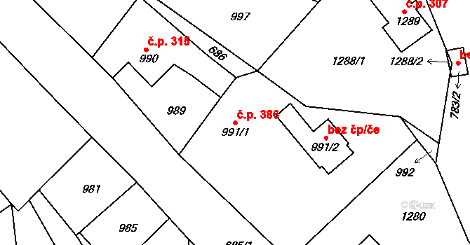 Hodkovice nad Mohelkou 386 na parcele st. 991/1 v KÚ Hodkovice nad Mohelkou, Katastrální mapa