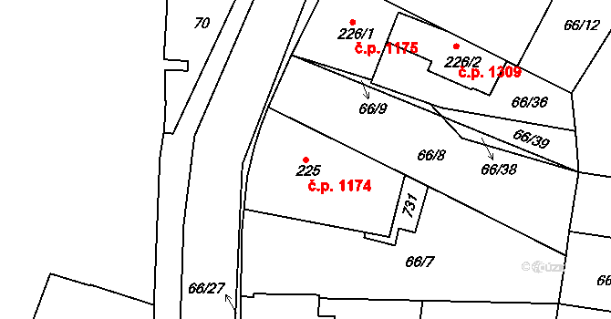 Předklášteří 1174 na parcele st. 225 v KÚ Předklášteří, Katastrální mapa