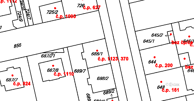 Lobzy 370,1123, Plzeň na parcele st. 688/1 v KÚ Lobzy, Katastrální mapa