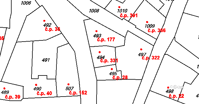 Týnec nad Labem 331 na parcele st. 494 v KÚ Týnec nad Labem, Katastrální mapa