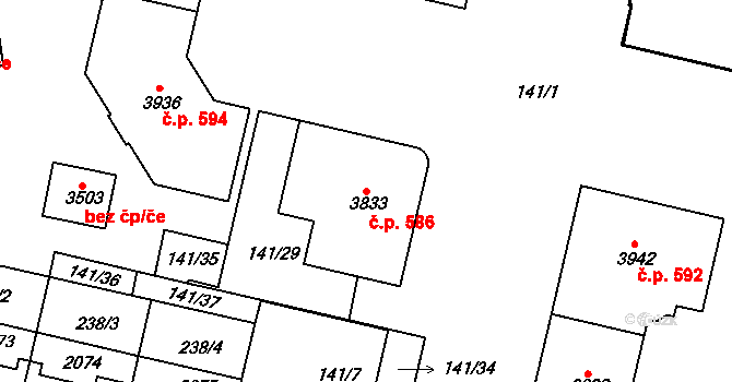 Nové Město 586, Jičín na parcele st. 3833 v KÚ Jičín, Katastrální mapa