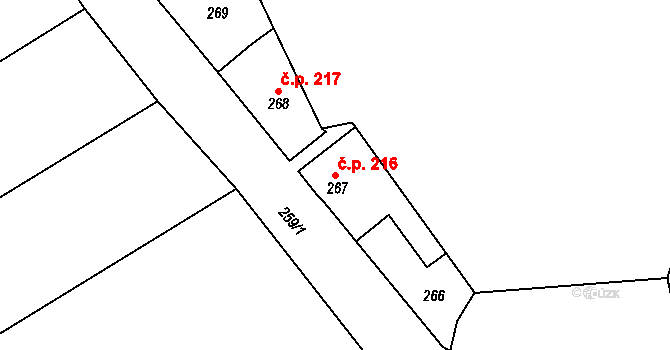 Jemnice 216 na parcele st. 267 v KÚ Jemnice, Katastrální mapa