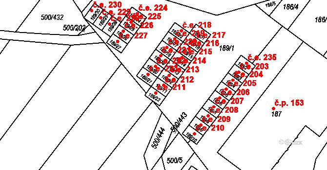 Nebovidy 212 na parcele st. 189/11 v KÚ Nebovidy u Brna, Katastrální mapa
