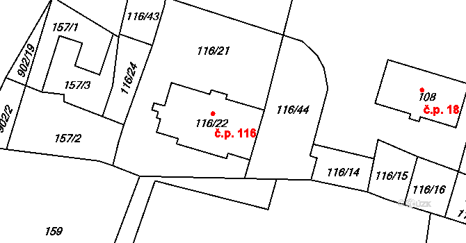 Poběžovice 45225796 na parcele st. 116/22 v KÚ Poběžovice u Domažlic, Katastrální mapa