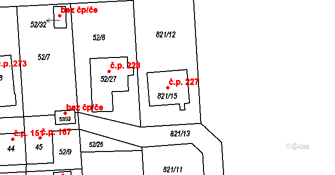 Chuchelná 227 na parcele st. 821/15 v KÚ Chuchelná, Katastrální mapa