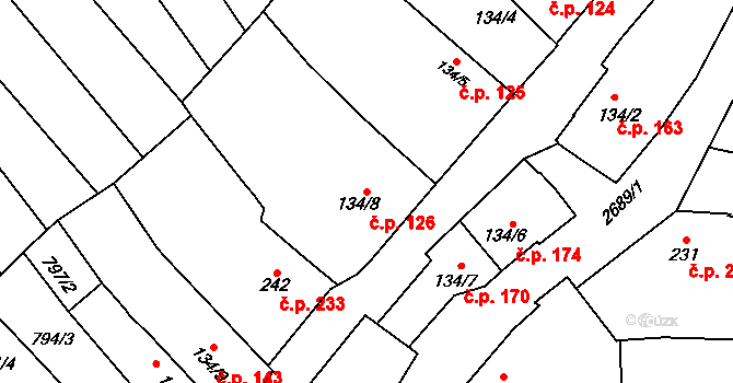 Zlechov 126 na parcele st. 134/8 v KÚ Zlechov, Katastrální mapa