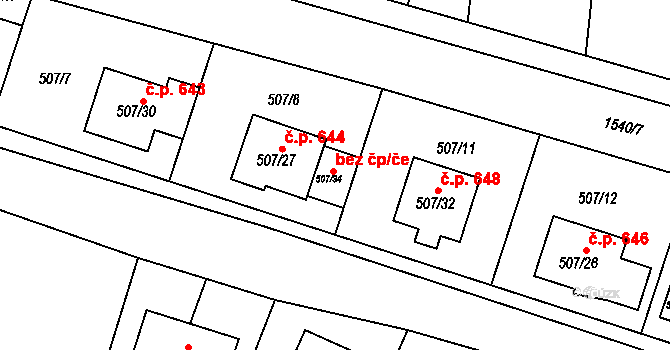 Blučina 49322796 na parcele st. 507/34 v KÚ Blučina, Katastrální mapa