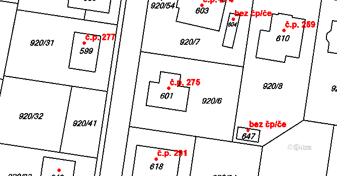 Kozojedy 275 na parcele st. 601 v KÚ Kozojedy u Kostelce nad Černými Lesy, Katastrální mapa
