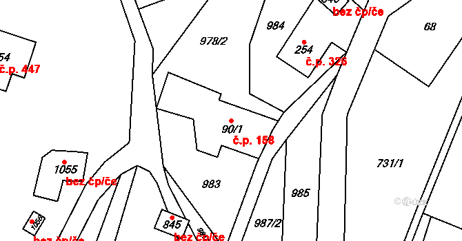 Hanušovice 158 na parcele st. 90/1 v KÚ Hanušovice, Katastrální mapa