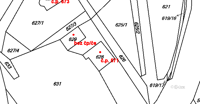 Rapotín 571 na parcele st. 628 v KÚ Rapotín, Katastrální mapa