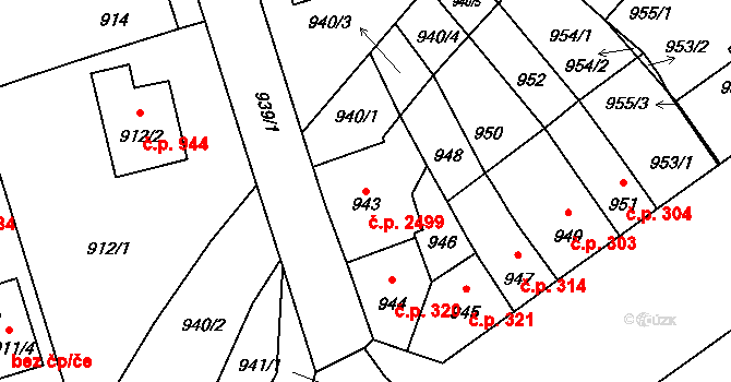 Pelhřimov 2499 na parcele st. 943 v KÚ Pelhřimov, Katastrální mapa