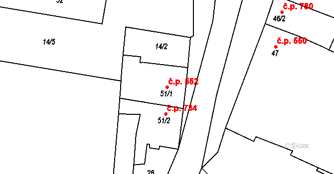 Rudná 552 na parcele st. 51/1 v KÚ Hořelice, Katastrální mapa