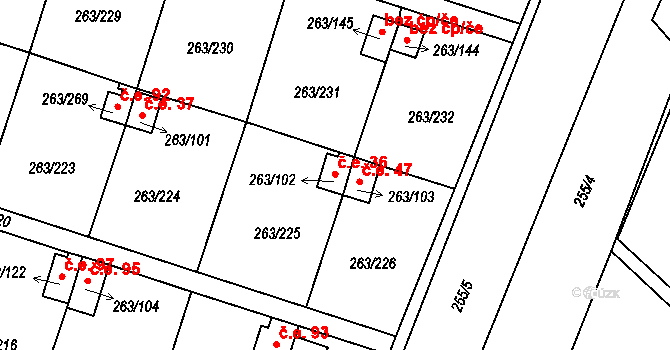 Malé Březno 36 na parcele st. 263/102 v KÚ Malé Březno, Katastrální mapa