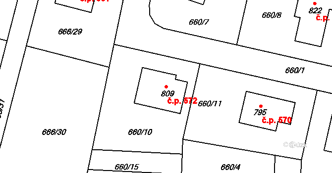 Zásmuky 572 na parcele st. 809 v KÚ Zásmuky, Katastrální mapa