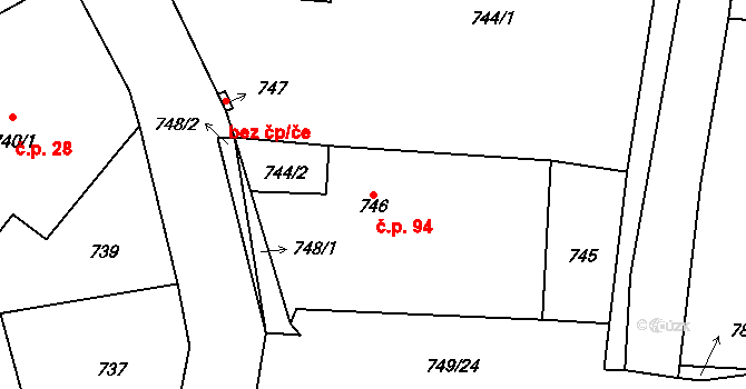 Senec 94, Zruč-Senec na parcele st. 746 v KÚ Senec u Plzně, Katastrální mapa